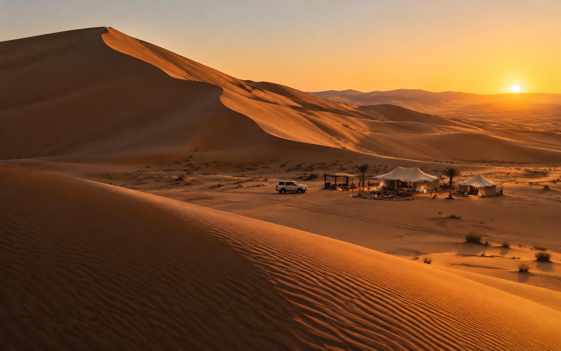 Luxury desert camp among the Liwa dunes at sunset